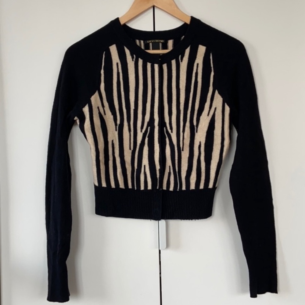 Lucky Brand Zebra Striped Wool Cropped Cardigan